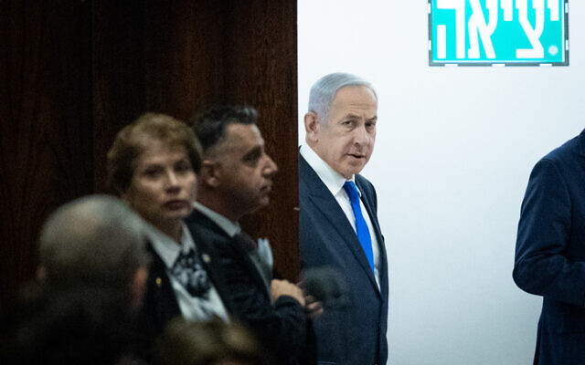 Prime Minister Benjamin Netanyahu seen during a discussion and a vote in the  Knesset plenum, March 1, 2023. (Yonatan Sindel/Flash90)
