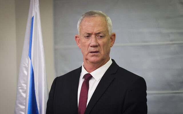 Leader of the National Unity party MK Benny Gantz speaks to the media at the Knesse on March 1, 2023. (Yonatan Sindel/Flash90)