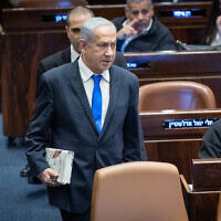 Prime Minister Benjamin Netanyahu in the Knesset on March 1, 2023. (Yonatan Sindel/Flash90)
