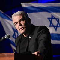 Opposition leader Yair Lapid speaks at a rally against the judicial overhaul in Herzliya, on March 4, 2023. (Avshalom Sassoni/Flash90)