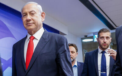 Prime Minister Benjamin Netanyahu arrives for a cabinet meeting at the Prime Minister's Office in Jerusalem on March 5, 2023. (Marc Israel Sellem/Pool)