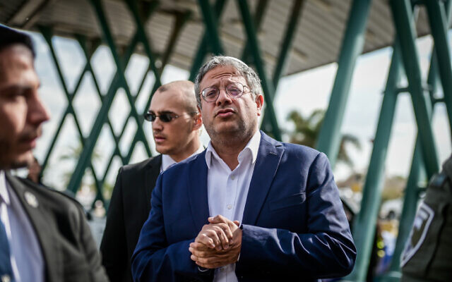 National Security Minister Itamar Ben Gvir seen at the entrance to the Ben Gurion Airport near Tel Aviv ahead of anti-government demonstrations, March 9, 2023. (Avshalom Sassoni/Flash90)