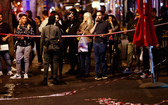 The scene of a terror attack on Dizengoff street, in central Tel Aviv, March 9, 2023. (Erik Marmor/Flash90)