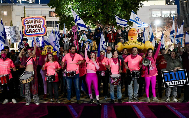 Israelis protest against the government's planned judicial overhaul, in Tel Aviv, on March 11, 2023. (Avshalom Saassoni/Flash90)