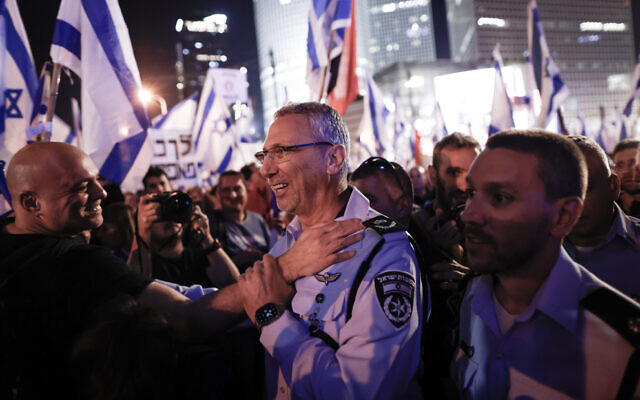 Tel Aviv Police District Commander Amichai Eshed at a protest against the government's planned judicial overhaul, in Tel Aviv, on March 11, 2023. (Erik Marmor/Flash90)