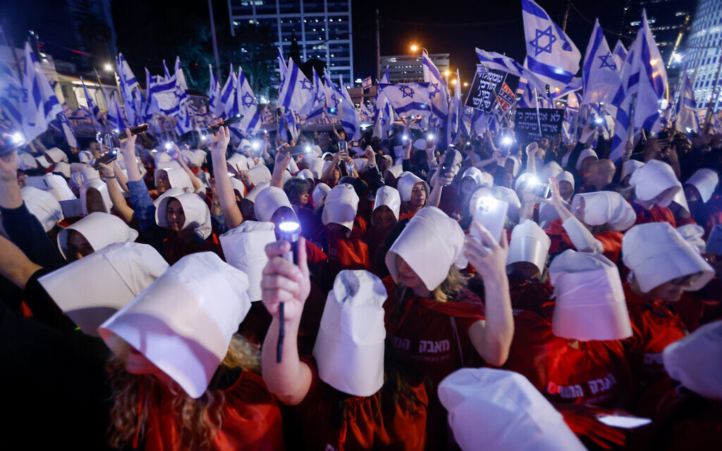 Israelis protest against the government's planned judicial overhaul, in Tel Aviv, on March 11, 2023. (Erik Marmor/Flash90)