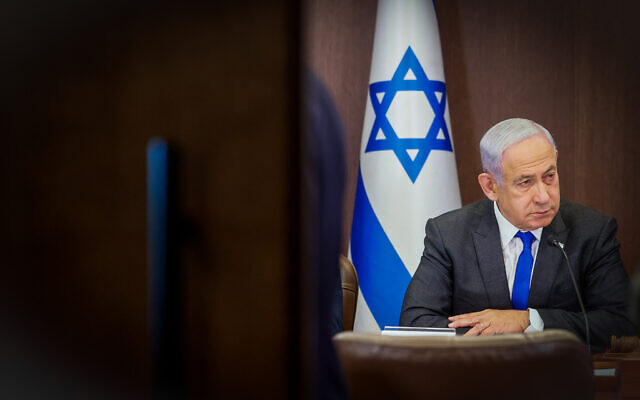 Prime Minister Benjamin Netanyahu leads a cabinet meeting on the state budget, at the Prime Minister's Office in Jerusalem on March 12, 2023. (Marc Israel Sellem)