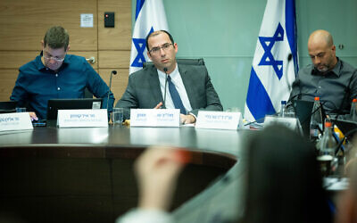 MK Simcha Rothman leads a Constitution Committee meeting at the Knesset on March 12, 2023. (Yonatan Sindel/Flash90)