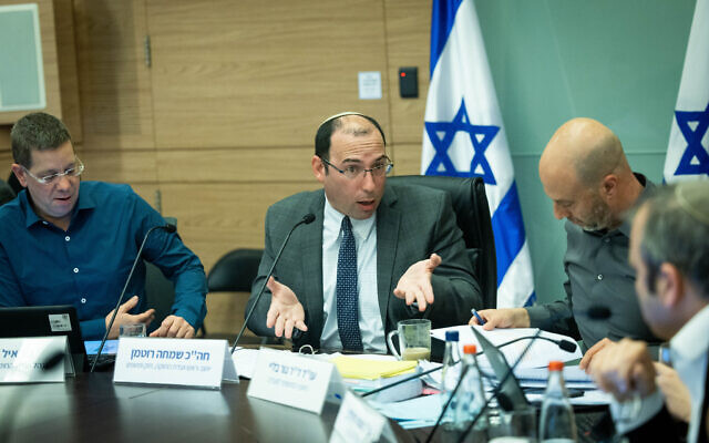MK Simcha Rothman at a Constitution Committee meeting at the Knesset on March 12, 2023. (Yonatan Sindel/Flash90)