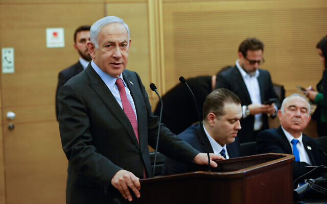 Prime Minister Benjamin Netanyahu speaks at a Likud faction meeting in the Knesset, March 13, 2023. (Erik Marmor/Flash90)