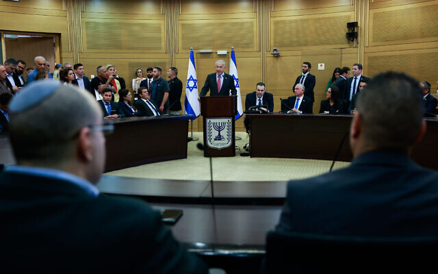 Prime Minister Benjamin Netanyahu leads a Likud party meeting at the Knesset on March 13, 2023. (Erik Marmor/Flash90)