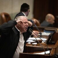 Likud MK David Amsalem speaks in the Knesset in Jerusalem, on March 13, 2023. (Yonatan Sindel/Flash900