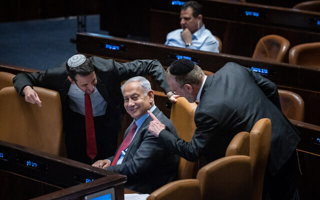Prime Minister Benjamin Netanyahu in the Knesset on March 13, 2023. (Yonatan Sindel/Flash90)