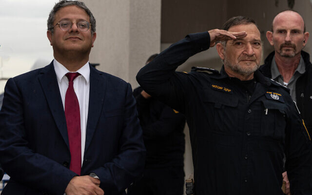 National Security Minister Itamar ben Gvir and Israeli Chief of Police Kobi Shabtai at a ceremony for the opening of a new police station in the Neot Hovav Industrial zone, southern Israel, March 14, 2023. (Flash90)