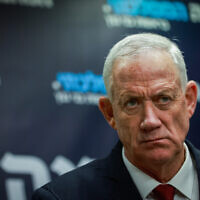 Leader of the National Unity Party MK Benny Gantz speaks during a faction meeting at the Knesset, March 20, 2023. (Erik Marmor/Flash90)
