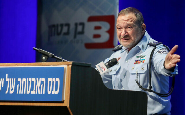 Israel Police chief Kobi Shabtai speaks at a security exhibition in the South Sharon Regional Council on March 21, 2023. (Gideon Markowicz/Flash90)