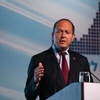 Economy Minister Nir Barkat speaks during a conference in Haifa, March 21, 2023. (Shir Torem/Flash90)
