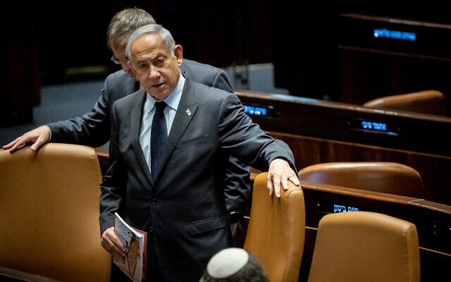 Prime Minister Benjamin Netanyahu at the Knesset in Jerusalem, March 22, 2023. (Yonatan Sindel/Flash90)
