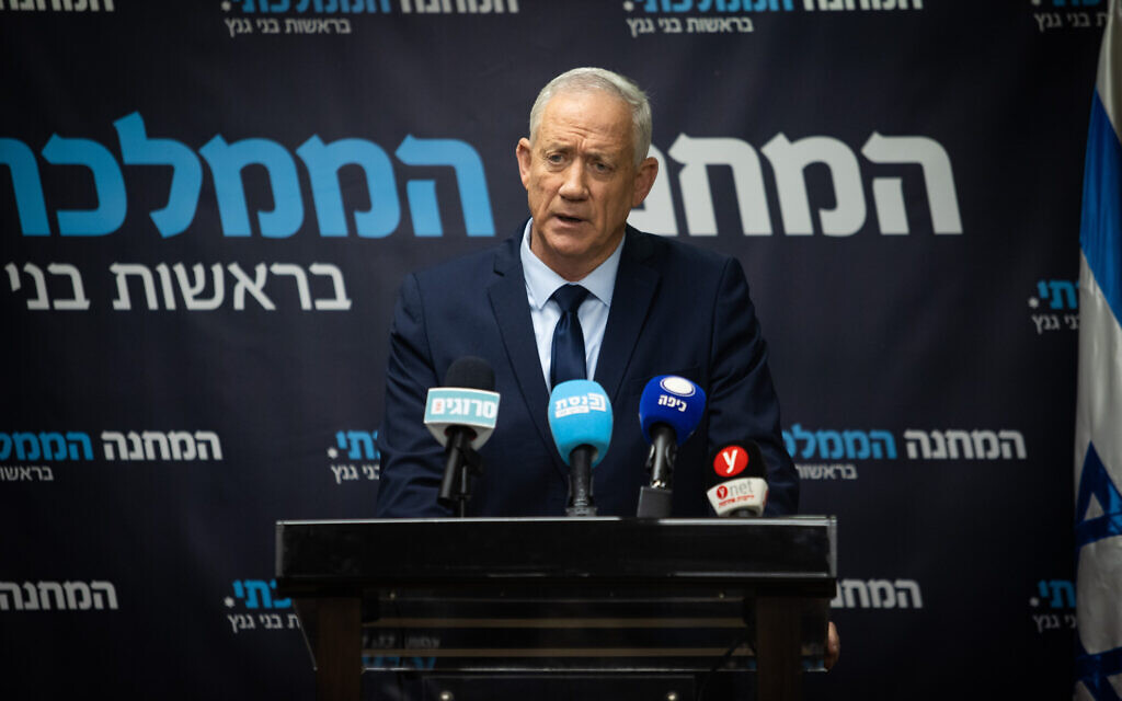Leader of the National Unity Party MK Benny Gantz speaks to the media at the Knesset, on March 27, 2023. (Yonatan Sindel/Flash90)