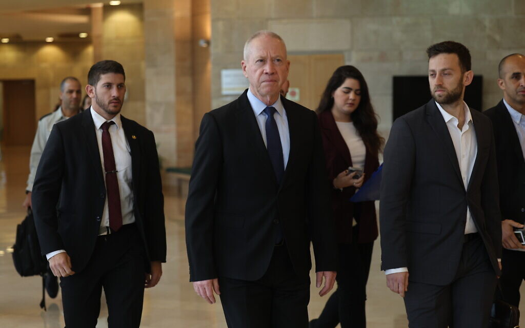 Defense Minister Yoav Gallant arrives for a meeting at the Knesset on March 27, 2023. (Yonatan Sindel/Flash90)