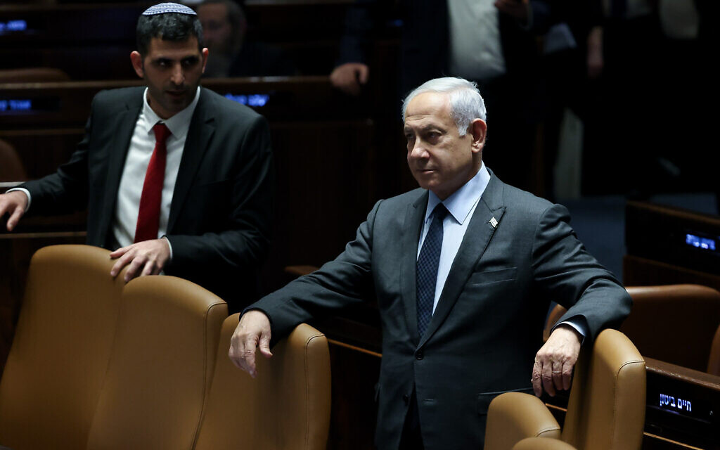 Prime Minister Benjamin Netanyahu at the Knesset plenum in Jerusalem, March 27, 2023. (Yonatan Sindel/Flash90)