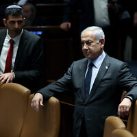 Prime Minister Benjamin Netanyahu in the Knesset, March 27, 2023. (Yonatan Sindel/Flash90)