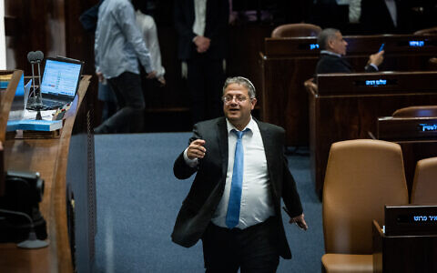 National Security Minister Itamar Ben Gvir at the Knesset plenum in Jerusalem, March 27, 2023. (Yonatan Sindel/Flash90)