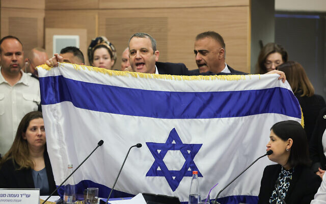 MK Gilad Kariv waves the Israeli flag at a Constitution Committee meeting at the Knesset on March 27, 2023 (Yonatan Sindel/Flash90)