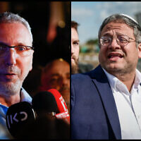 Left: Police's Tel Aviv District Commander Amichai Eshed speaks to the media at the scene of a terror attack on Dizengoff Street in central Tel Aviv, March 9, 2023. (Erik Marmor/Flash90); Right: National Security Minister Itamar Ben Gvir at the entrance to Ben Gurion Airport near Tel Aviv, March 9, 2023. (Avshalom Sassoni/Flash90)