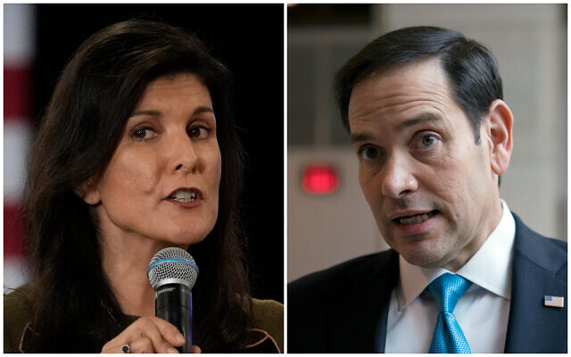 (L) Nikki Haley on March 27, 2023, in Dover, New Hampshire (AP Photo/Charles Krupa) and (R) Marco Rubio at the Capitol in Washington, Feb. 9, 2023 (AP Photo/J. Scott Applewhite, File)