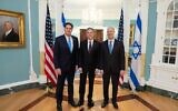 Strategic Affairs Minister Ron Dermer, US Secretary of State Antony Blinken and National Security Council chairman Tzachi Hanegbi at the State Department in Washington on March 7, 2023. (Antony Blinken/Twitter)