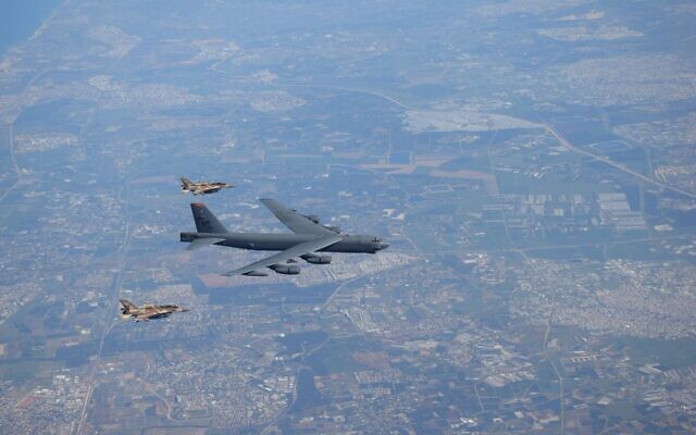 Israeli F-16 fighter jets escort an American B-52 bomber through Israeli airspace on March 12, 2022. (Israel Defense Forces)