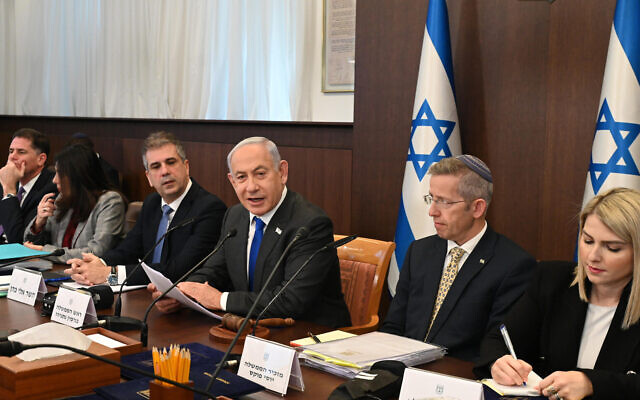 Prime Minister Benjamin Netanyahu at the weekly cabinet meeting in Jerusalem on March 12, 2023. (Haim Zach / GPO)