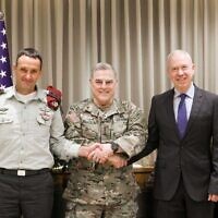 This handout photo from March 3, 2023, shows IDF Chief of Staff Herzi Halevi, left, and Defense Minister Yoav Gallant (right) meeting with visiting Gen. Mark Milley, the chairman of the US Joint Chiefs of Staff. (Sivan Shachor/GPO)
