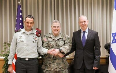 This handout photo from March 3, 2023, shows IDF Chief of Staff Herzi Halevi, left, and Defense Minister Yoav Gallant (right) meeting with visiting Gen. Mark Milley, the chairman of the US Joint Chiefs of Staff. (Sivan Shachor/GPO)