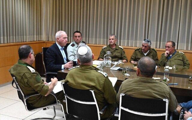 Defense Minister Yoav Gallant meets with senior reservist officers in Tel Aviv on March 7, 2023. (Ariel Hermoni/Defense Ministry)