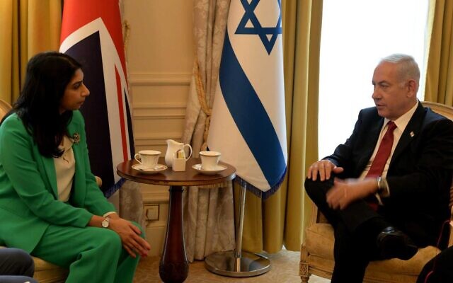 Prime Minister Netanyahu meets with UK Home Secretary Suella Braverman, in London, March 24, 2023. (Avi Ohayon/GPO)