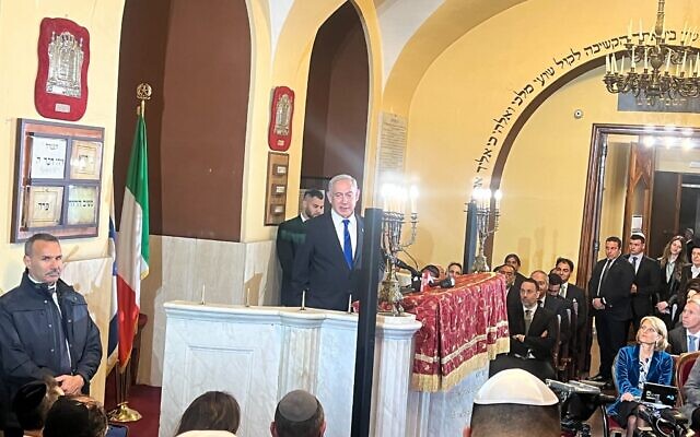 Prime Minister Benjamin Netanyahu speaks in Rome’s Spanish Synagogue on March 9, 2023. (Lazar Berman/Times of Israel)