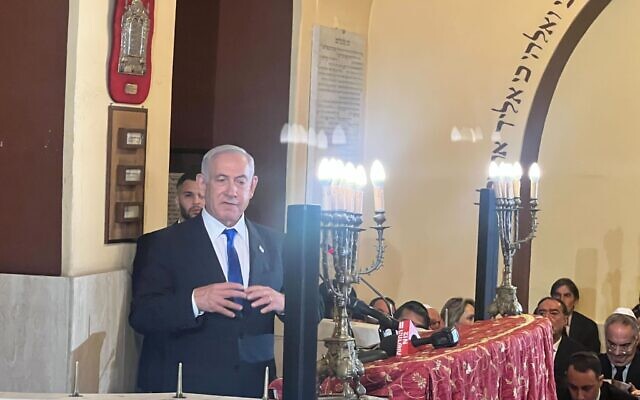 Prime Minister Benjamin Netanyahu speaks in Rome’s Spanish Synagogue on March 9, 2023. (Lazar Berman/Times of Israel)