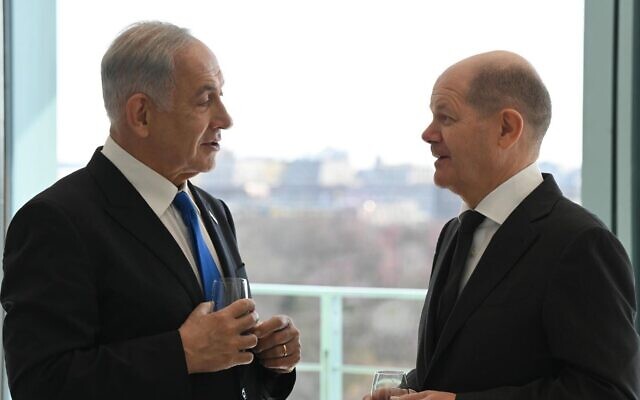 In this handout photo, Prime Minister Benjamin Netanyahu meets with his German counterpart Olaf Scholz, in Berlin, March 26, 2023. (Haim Zach/GPO)