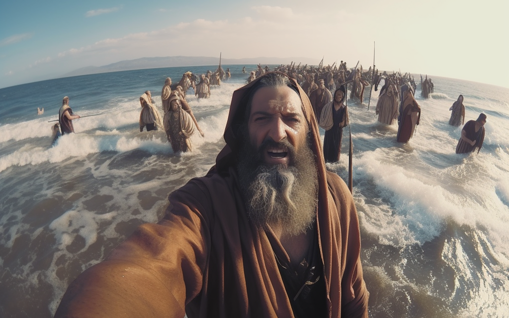 Illustrative: Moses and the Israelites, from a series of selfies out of the Passover story created by Dana Green using the AI program Midjourney. (Dana Green + Midjourney)