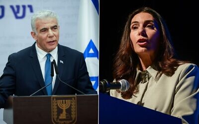 Left: Opposition leader Yair Lapid speaks during a faction meeting at the Knesset, in Jerusalem, on March 20, 2023. (Erik Marmor/Flash90). Right: Transportation Minister Miri Regev attends a conference in Tel Aviv on March 22, 2023. (Avshalom Sassoni/Flash90)