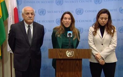 UN Ambassadors Vanessa Frazier of Malta, Lana Nusseibeh of the UAE and Permanent Palestinian Observer Riyad Manour during a press stakeout outside the UN Security Council in New York on February 28, 2023. (Screen capture/UN TV)