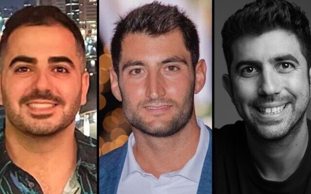 Composite photo showing Or Asher, 32, (left), Rotem Mansano, 34, and Michael Osdon, 36, who were wounded in a terror shooting in Tel Aviv on March 9, 2023. (Courtesy)