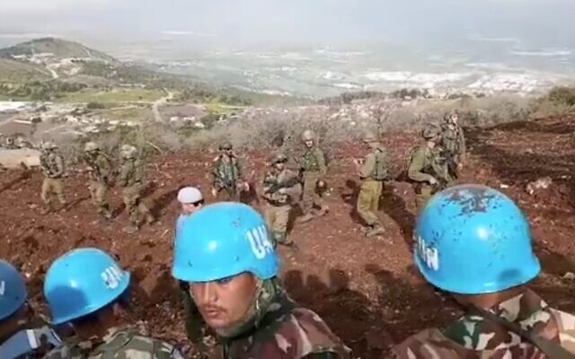 Screenshot from a video purporting to show UNIFIL peacekeepers and Israeli troops along the northern border with Lebanon on March 7, 2023. (Video screenshot; used in accordance with Clause 27a of the Copyright Law)
