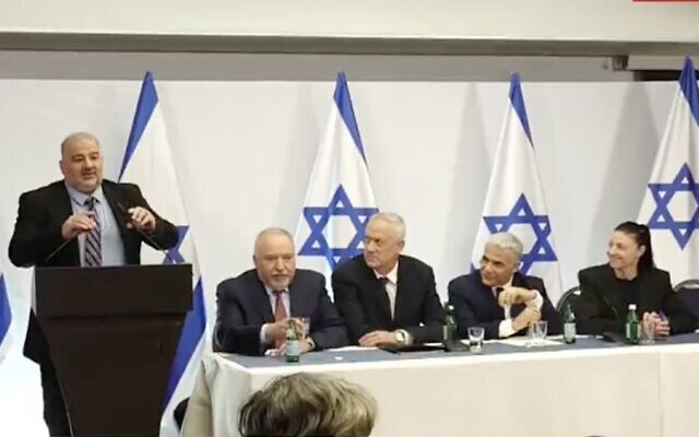 Opposition leaders at a press conference on President Isaac Herzog's alternative judicial reform proposal, in Tel Aviv, March 26, 2023. (Twitter screenshot; used in accordance with Clause 27a of the Copyright Law)