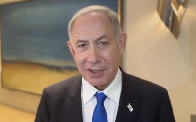 Prime Minister Benjamin Netanyahu in a video statement filmed in Berlin, March 16, 2023. (Twitter screenshot; used in accordance with Clause 27a of the Copyright Law)