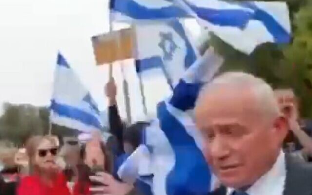 A protester is seen trying to hit Agriculture Minister Avi Dichter in the face with a flag on March 23, 2023 (Screencapture/Twitter)