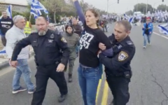 Protest leader Shikma Bressler is arrested by police during protests on Route 4, March 23, 2023. (Screenshot)