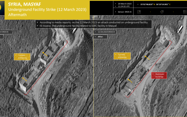 This photo released by ImageSat International on March 22, 2023, shows damage to a site near the Syrian city of Masyaf after an airstrike attributed to Israel on March 12, 2023. (ImageSat International)